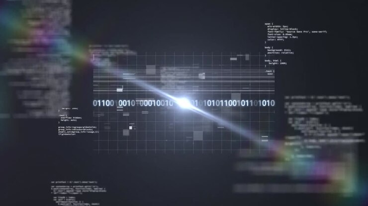 Animation of data processing and light trails on black background