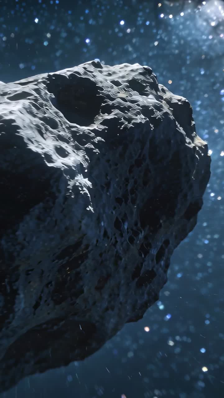 Video verticale: Telecamera orbitale che orbita attorno a un asteroide, rivelando crateri e polvere alla deriva per l'astronomia.