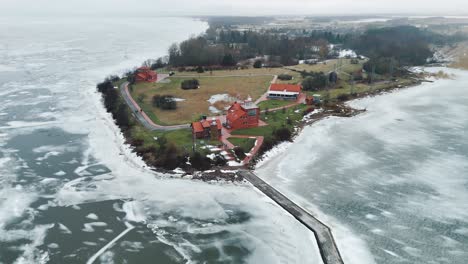 ventes ragas with ice patterns on water, birdwatching station visible, aerial view