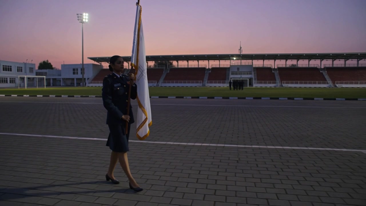 Marching flagbearer in dress holding flag edged gold saluting for honor on parade ground