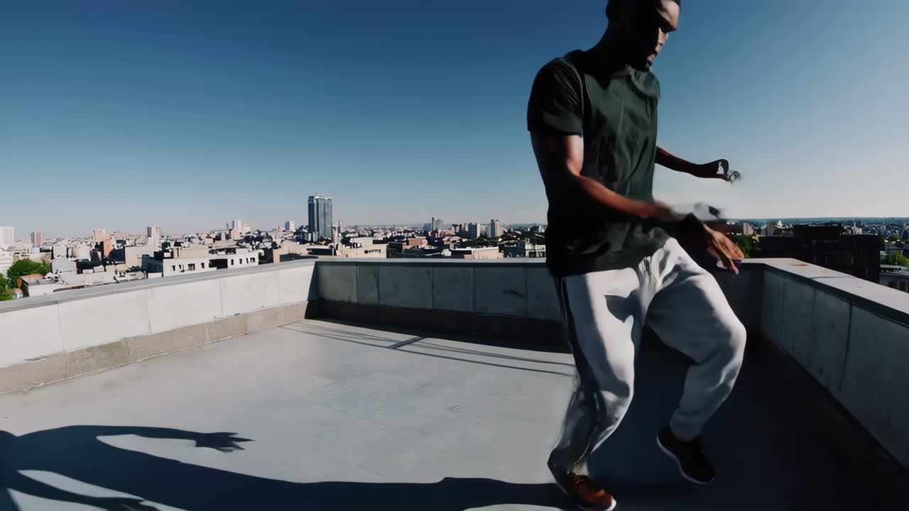 A man dancing on a city rooftop with a clear blue sky