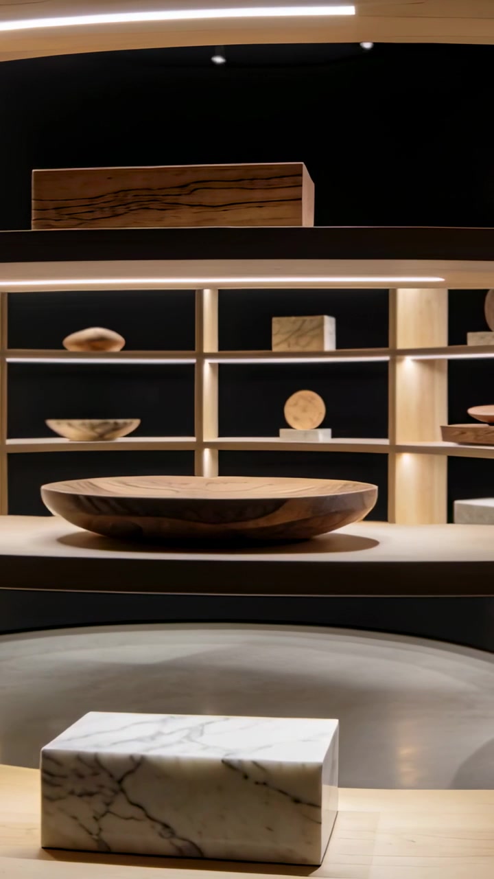 Video verticale: Telecamera panoramica che si muove oltre un espositore in legno a più livelli in una galleria, mostrando ciotole di marmo.