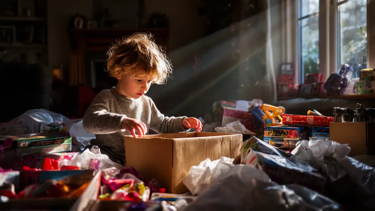 Captivated by Surprises: A Young Child's Delightful Discovery Amidst a Colorful Mountain of Gifts and Wrapping Paper Illuminated by Gentle Rays of Morning Light