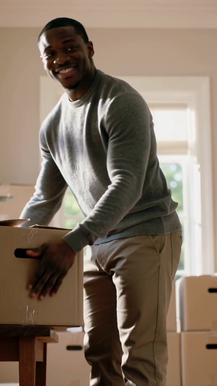 Vertical video: Entering man in gray sweater carrying box at home, placing box on table unpacking