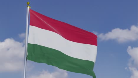 Flag-Of-Hungary-Moving-In-The-Wind-With-A-Clear-Blue-Sky-In-The-Background,-Clouds-Slowly-Moving,-Flagpole,-Slow-Motion