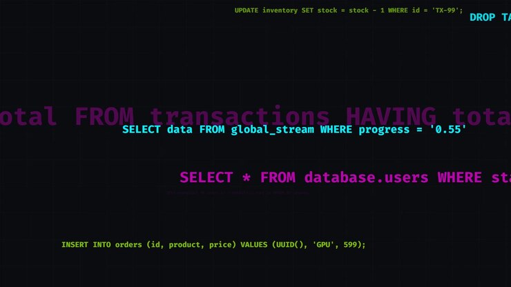 Geanimeerde SQL-databasequery's op een donkere achtergrond