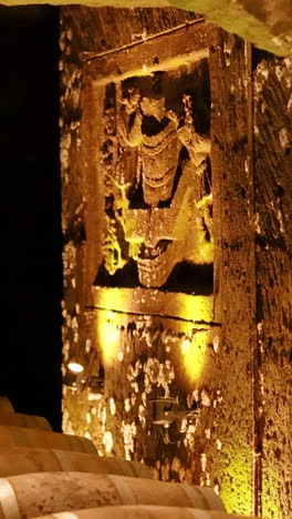 bodega débilmente iluminada con barriles de vino apilados