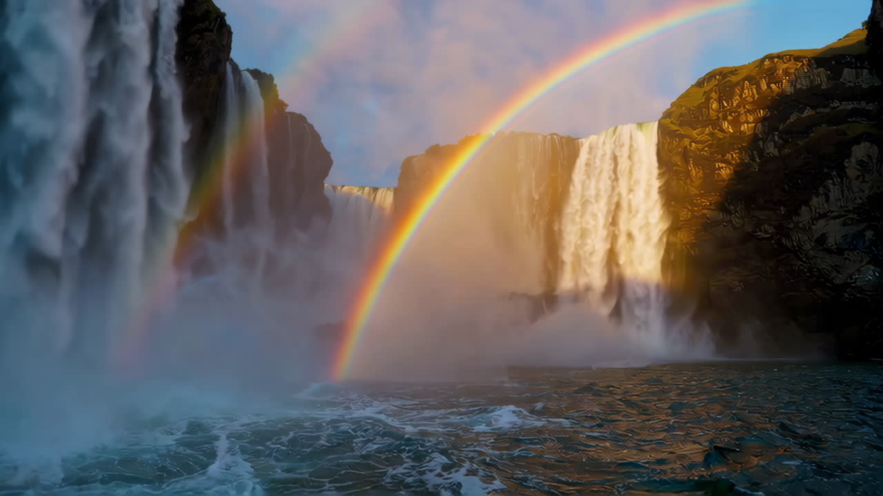 Double Rainbow Over a Powerful Waterfall in Iceland