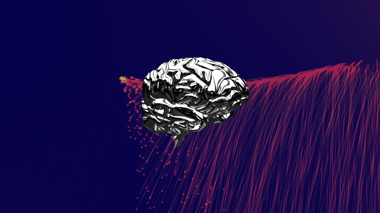 Animazione di cervello umano e scie rosse su sfondo blu scuro