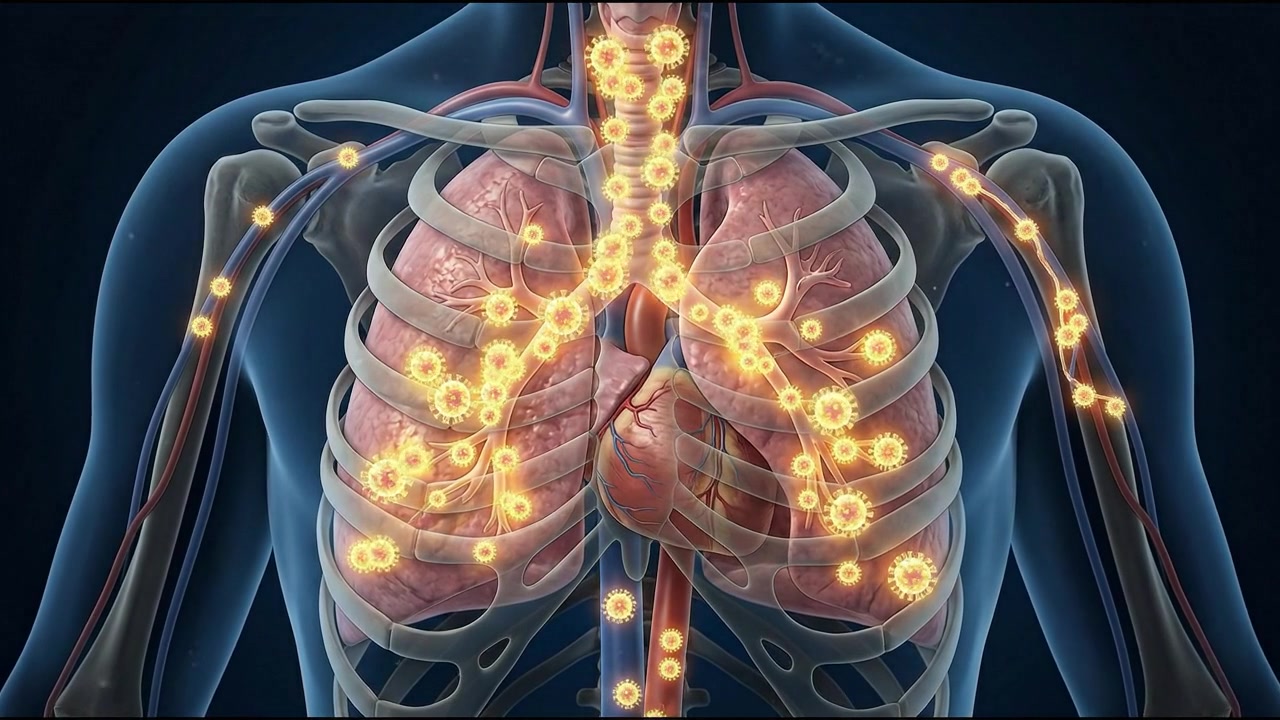 Modello biologico luminoso di polmone che evidenzia gli alveoli respiratori e l'albero bronchiale