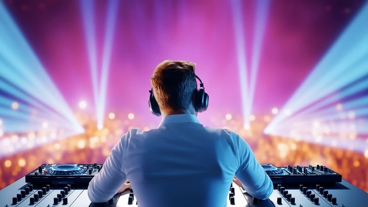 DJ at lively music fest. A DJ mixes tracks while electric lights pulse in the background at a vibrant music festival during the night.