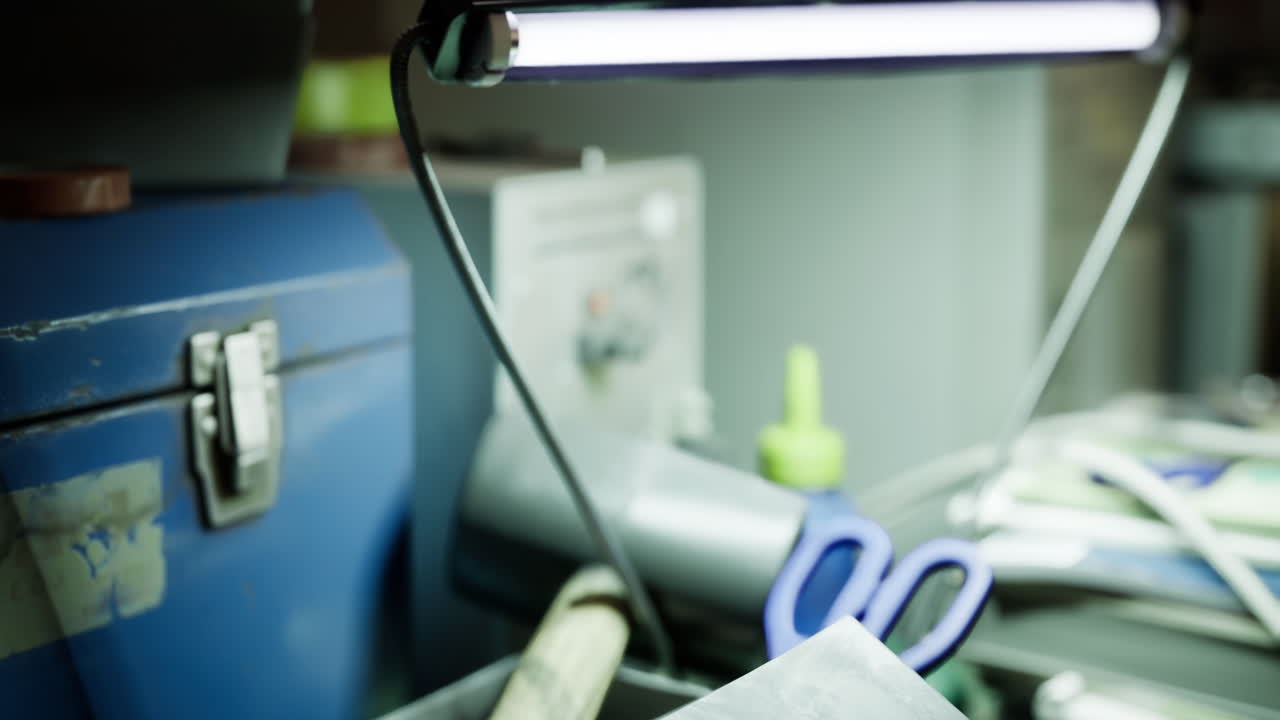 Workspace with tools and equipment under artificial light in a creative setting