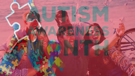 animation of colourful puzzle pieces heart and autism text over happy friends at summer beach party