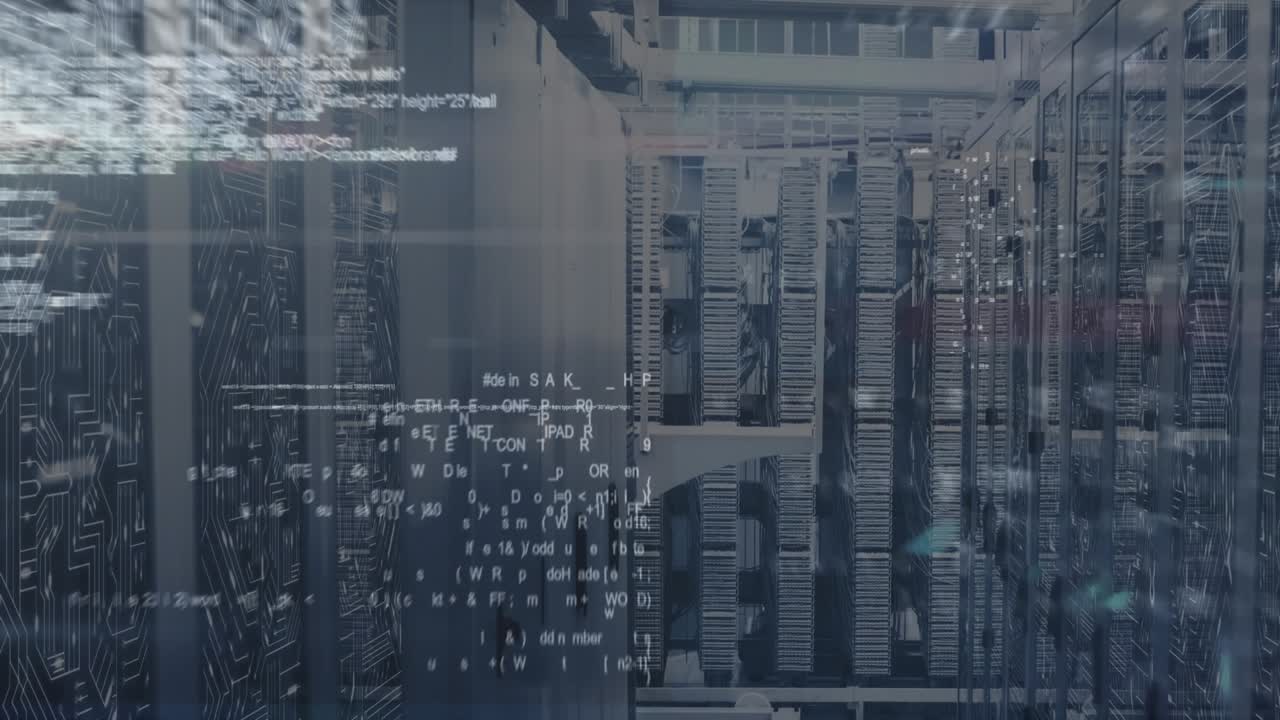 Animation of screens with data processing against empty computer server room
