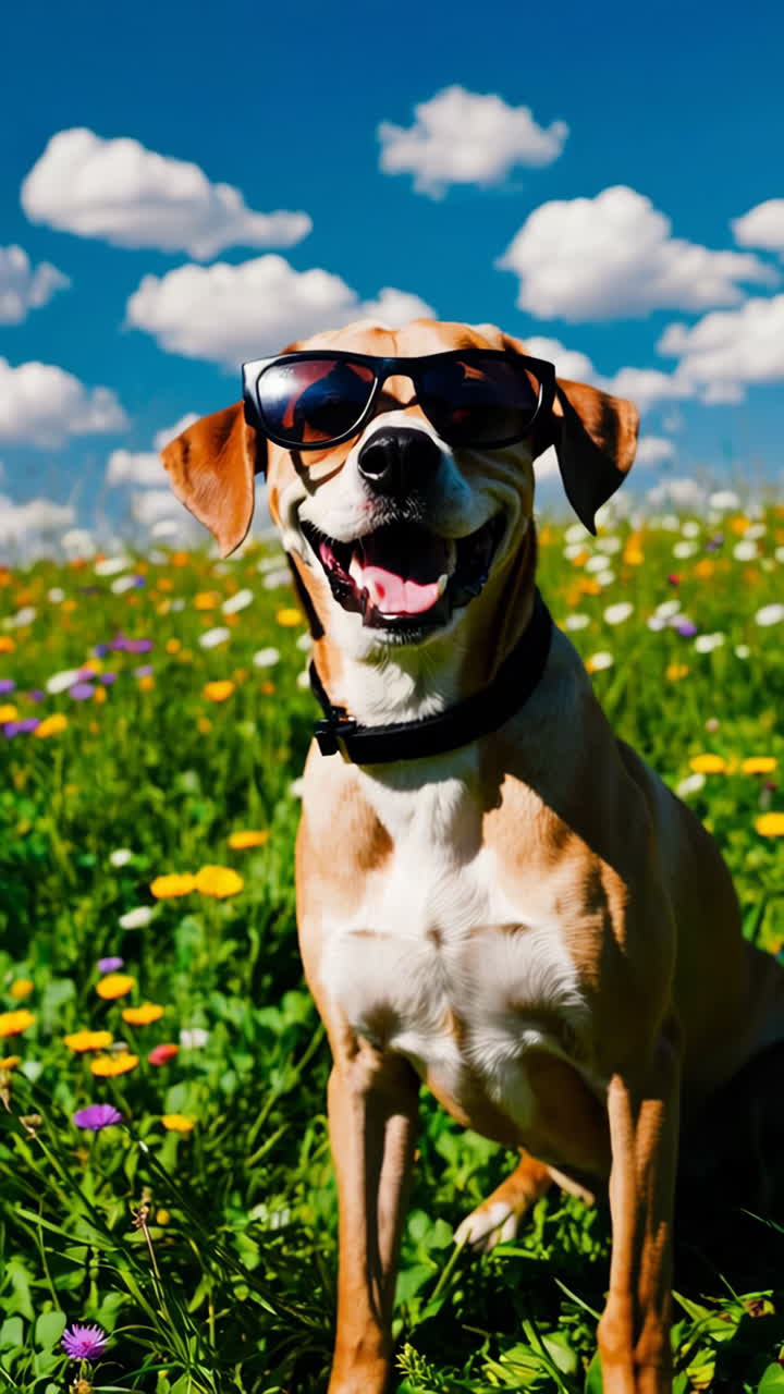 Dog in Sunglasses in a Flower Meadow