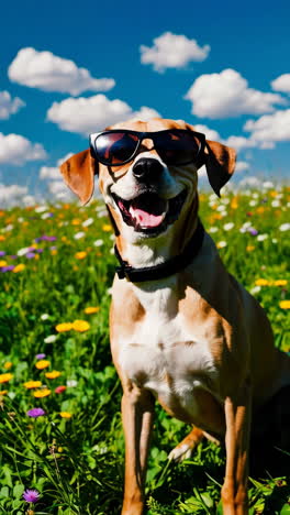 dog in sunglasses in a flower meadow