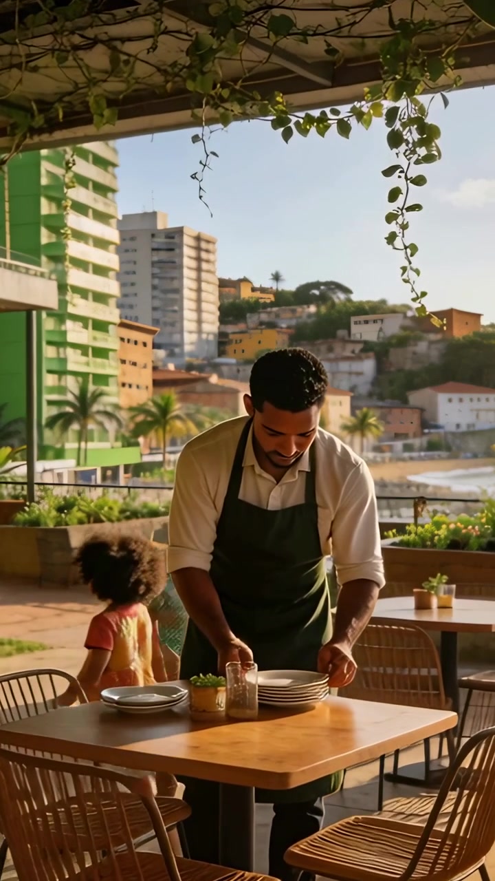 Vertical video: Placing plates, jar, server in apron preparing table on terrace while children pass