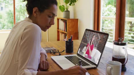 mujer afroamericana tomando notas mientras tiene una videollamada con una colega en una computadora portátil en casa