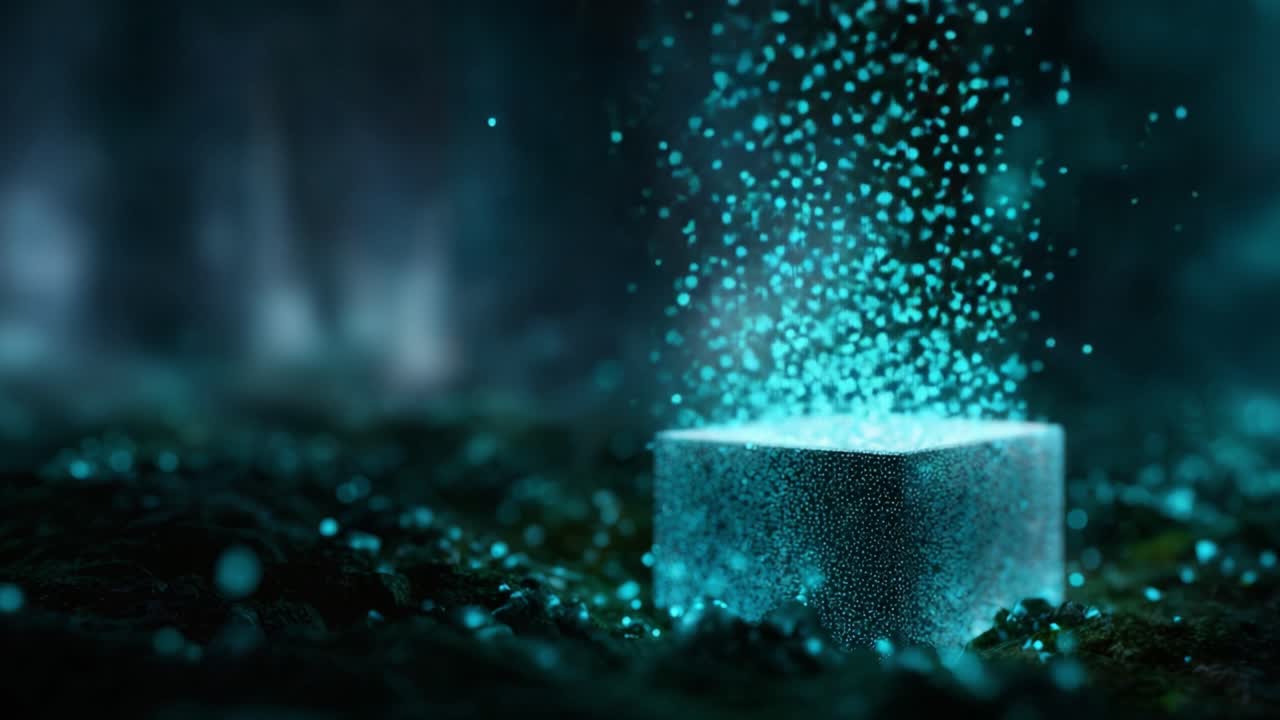 Illuminated Particle Effects Surrounding a Floating Cubic Structure in a Dark, Mystical Environment with Sparkling Blue Dust Elements