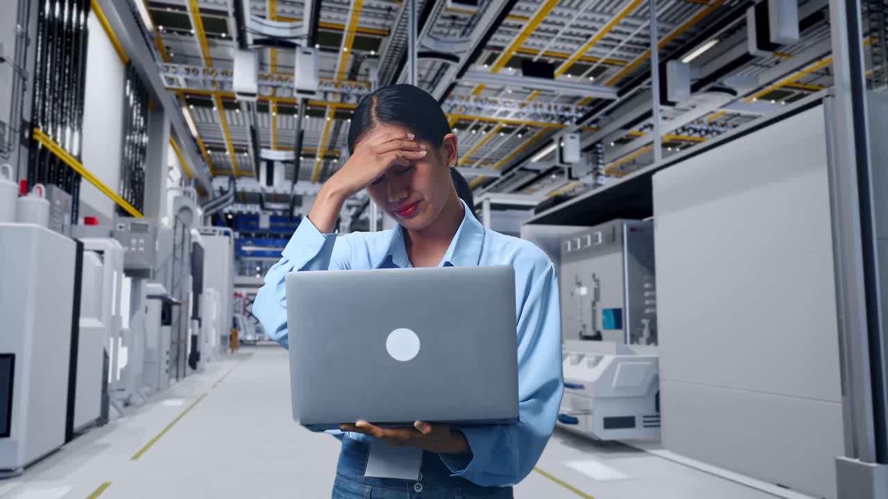 Woman Stressed with Laptop in Factory