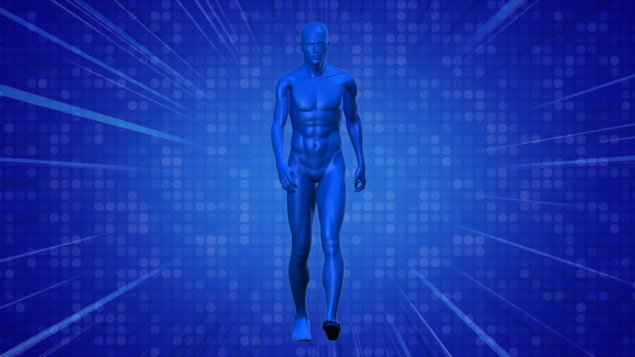 Animation of blue light trails over blue human model walking