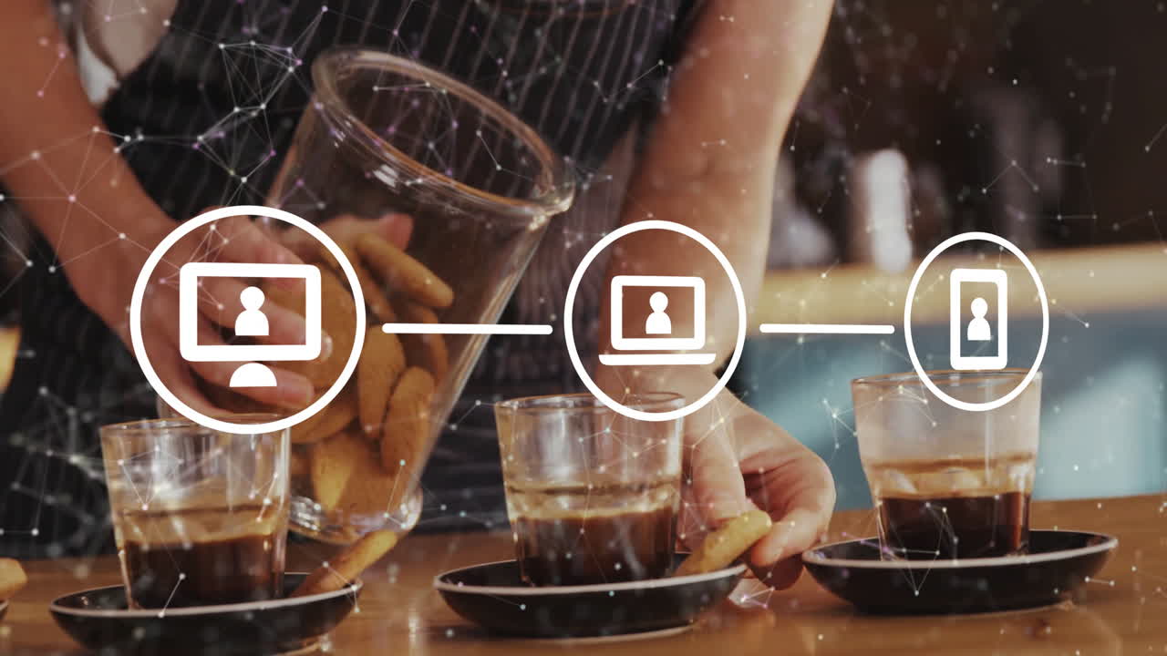 Barista pouring cookies beside espresso glasses, with floating network overlay and technology icons
