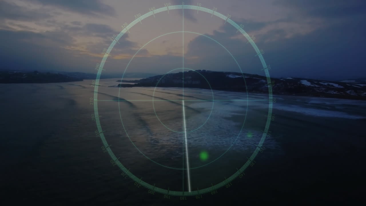 Flat design translucent green radar overlay being rotated over coastal seascape with bright blips