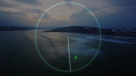 flat design translucent green radar overlay being rotated over coastal seascape with bright blips