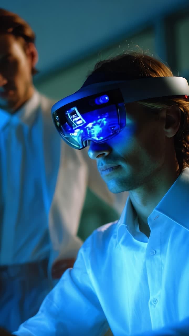 A focused individual wearing advanced virtual reality goggles in a dimly lit room, engaged deeply in immersive technology while another person observes nearby