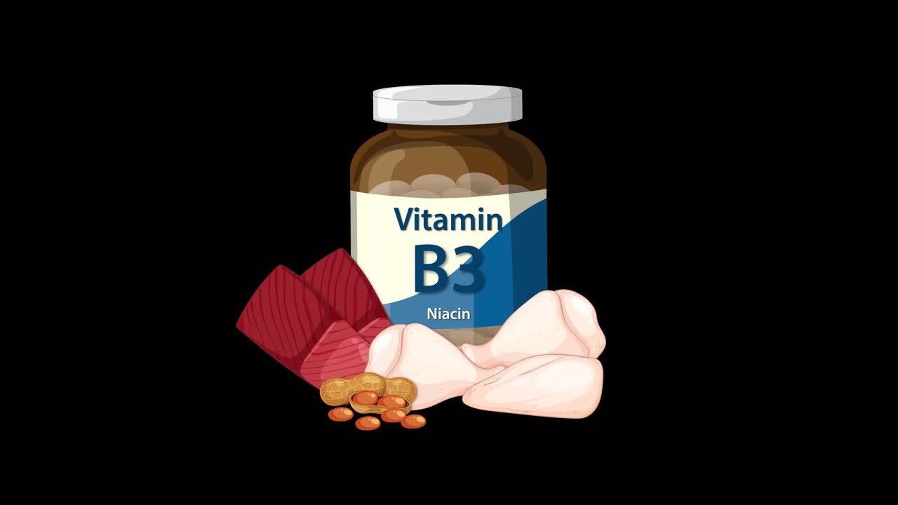 Vitamin B3 bottle animates with beets, garlic, nuts on black background, smooth transitions, flat style
