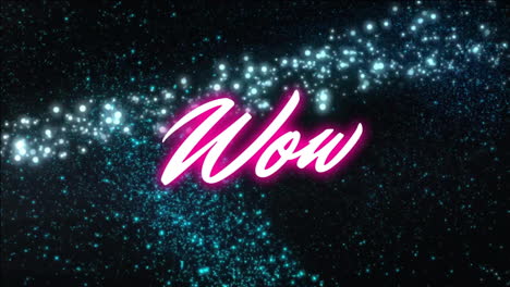 wow text animation over sparkling light trails on dark background