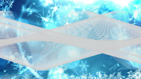 translucent mesh ribbon flowing across flat design blue grid with snowflake icons and flares