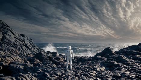 astronaut on a rocky alien shore