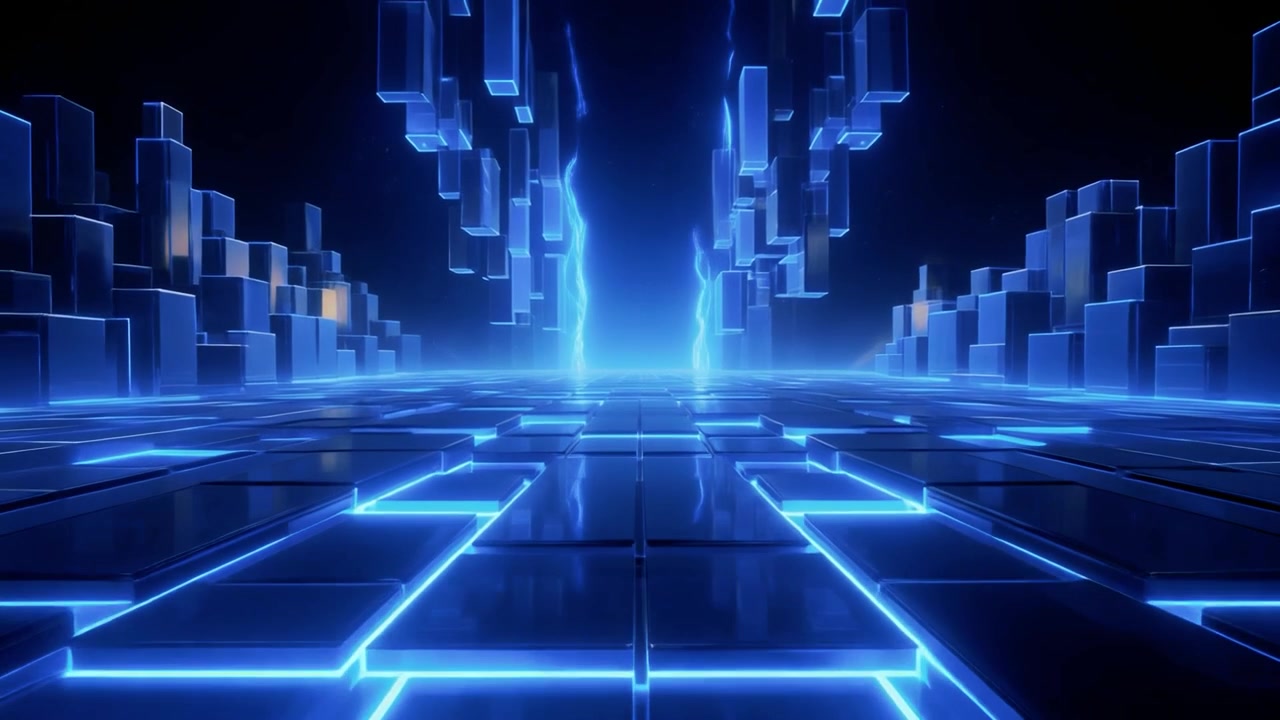 Abstract Digital Cityscape with Glowing Blue Neon Cubes and Energy Beams