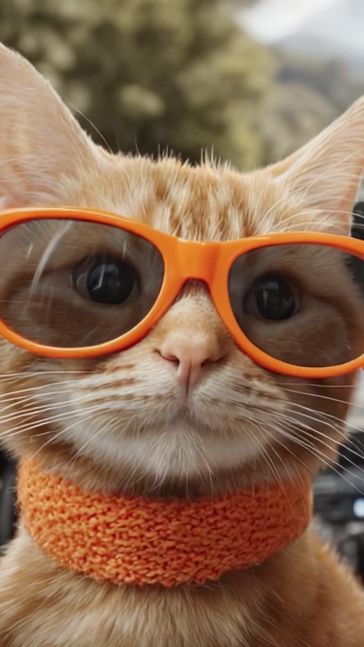 Kucing Oranye Menggemaskan Berkacamata dan Syal Hangat Berpose di Depan Kamera, Menampilkan Kepribadian Menawan dan Semangat Bermainnya di Lingkungan Luar Ruangan yang Indah