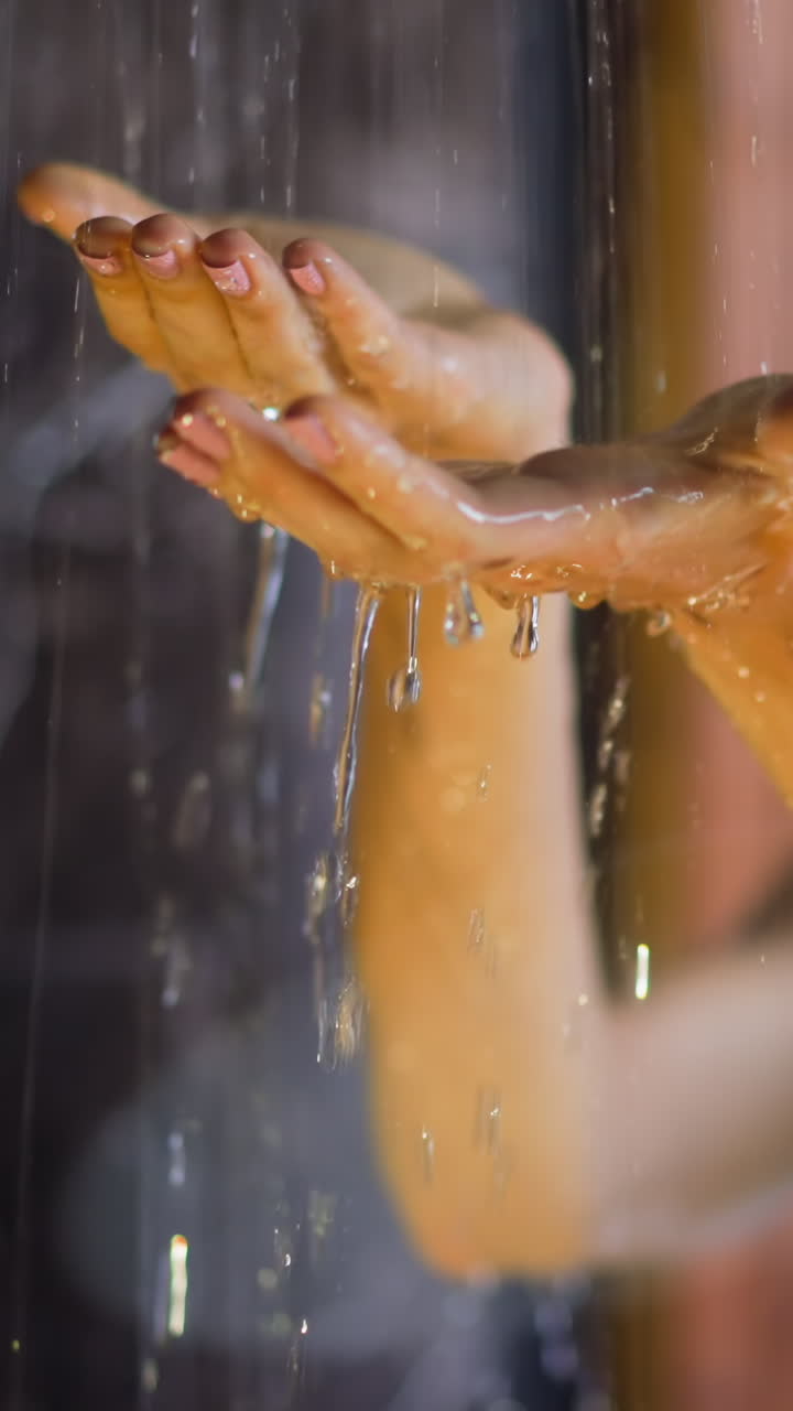 Young blonde woman takes shower in morning focus on hands under falling water jets against blurred black marble tile daily routine slow motion