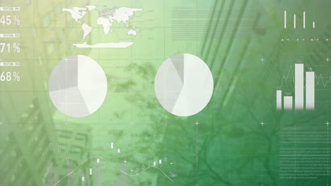 animation of statistical data processing against low angle view of tall buildings