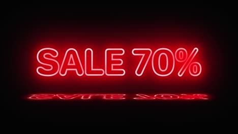 un letrero de neón con la palabra venta 70 por ciento se ilumina en rojo. un reflejo aparece en el charco. el letrero se enciende y apaga. gráficos en movimiento.