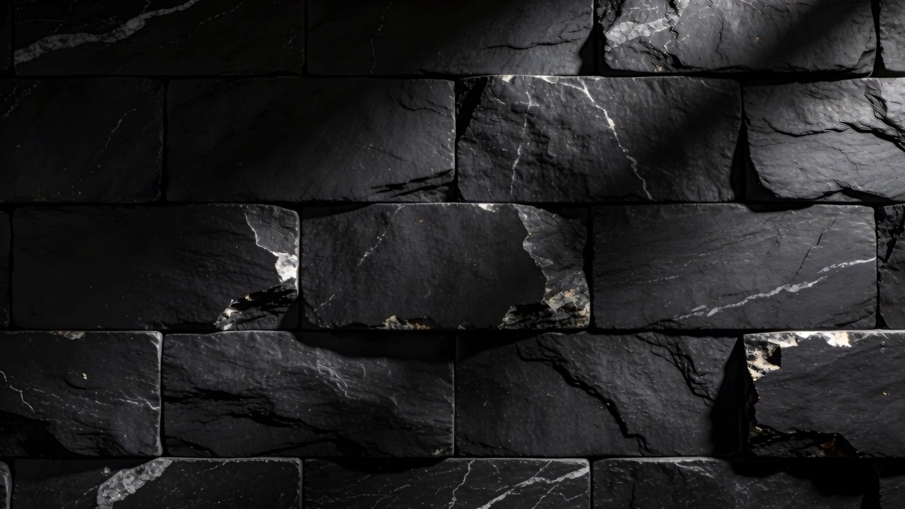 Ein sich bewegendes diagonales Lichtband beleuchtet die Ränder einer strukturierten schwarzen Steinwand im Innenraum und offenbart deren Maserung.