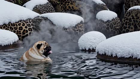 pug playing in a snowy hot spring