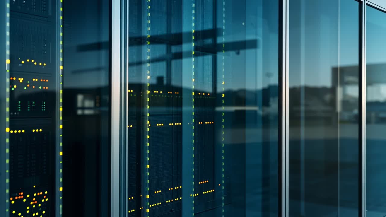 Kameraet trækkes tilbage og afslører en række serverracks bag glas, hvilket reducerer genskin og viser LED'er.