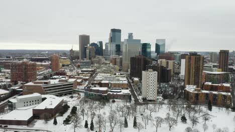 minneapolis skyline on cold winter day, aerial view