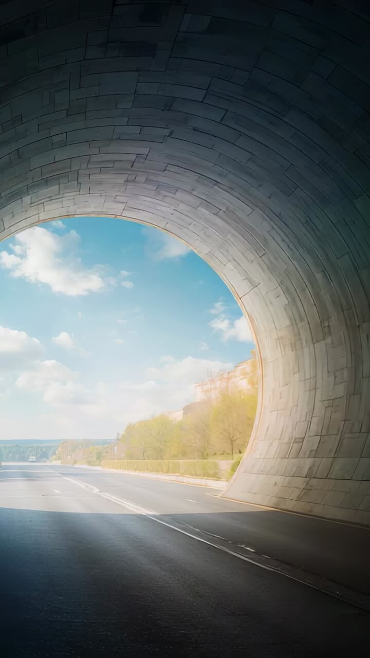 Vertical video: Driving car exiting stone arch tunnel toward coastal road, with distant white car