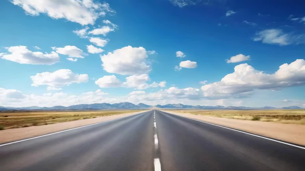 Wide-angle shot of an endless highway under a vibrant blue sky with clouds, capturing a sense