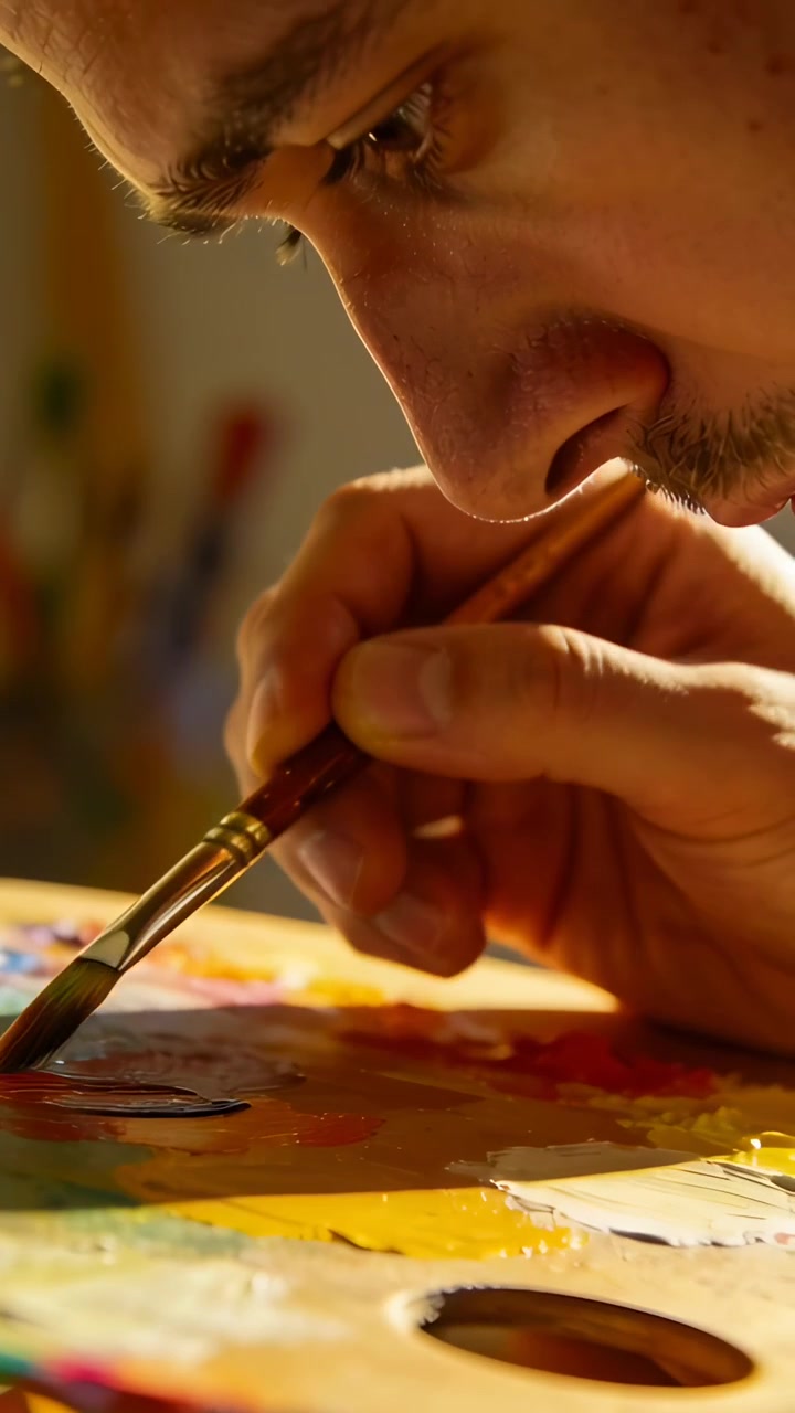 Vertical video: Dipping round brush, male painter loading it from palette in studio blending color