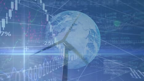 animación del procesamiento de datos financieros sobre la turbina eólica y el globo
