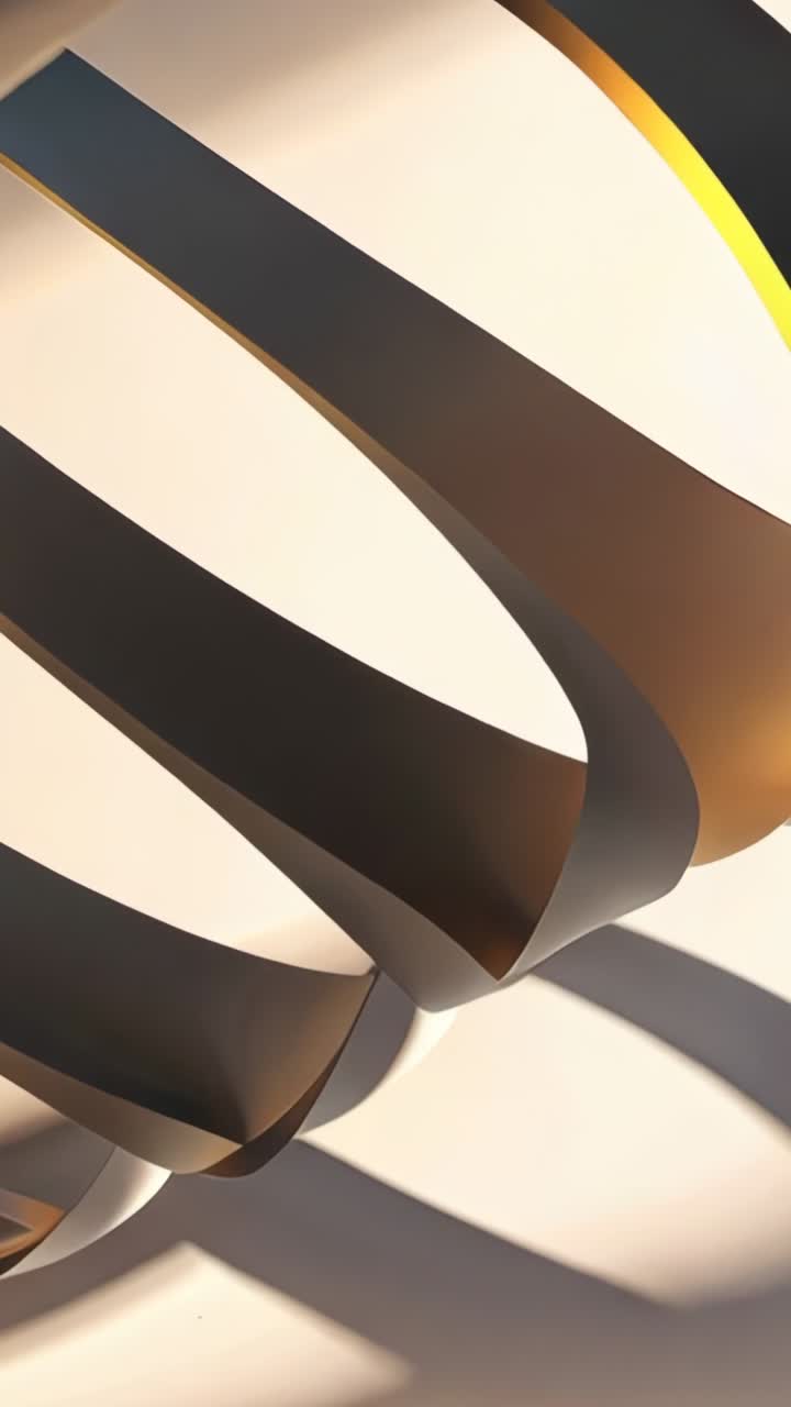 Vertical video: Motor activating metallic ribbon sculpture rotating in studio, with golden edge