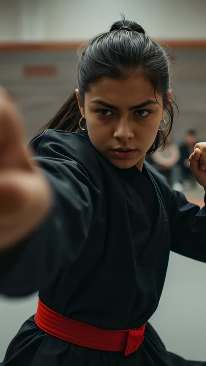 Vertical video: Throwing woman in black gi red belt on coach cue thrusting pulling to guard in dojo