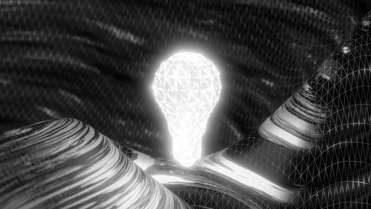 Glowing white light bulb above abstract black and gold metallic surface. Innovation and creative idea concept. Design for poster, banner, wallpaper, header