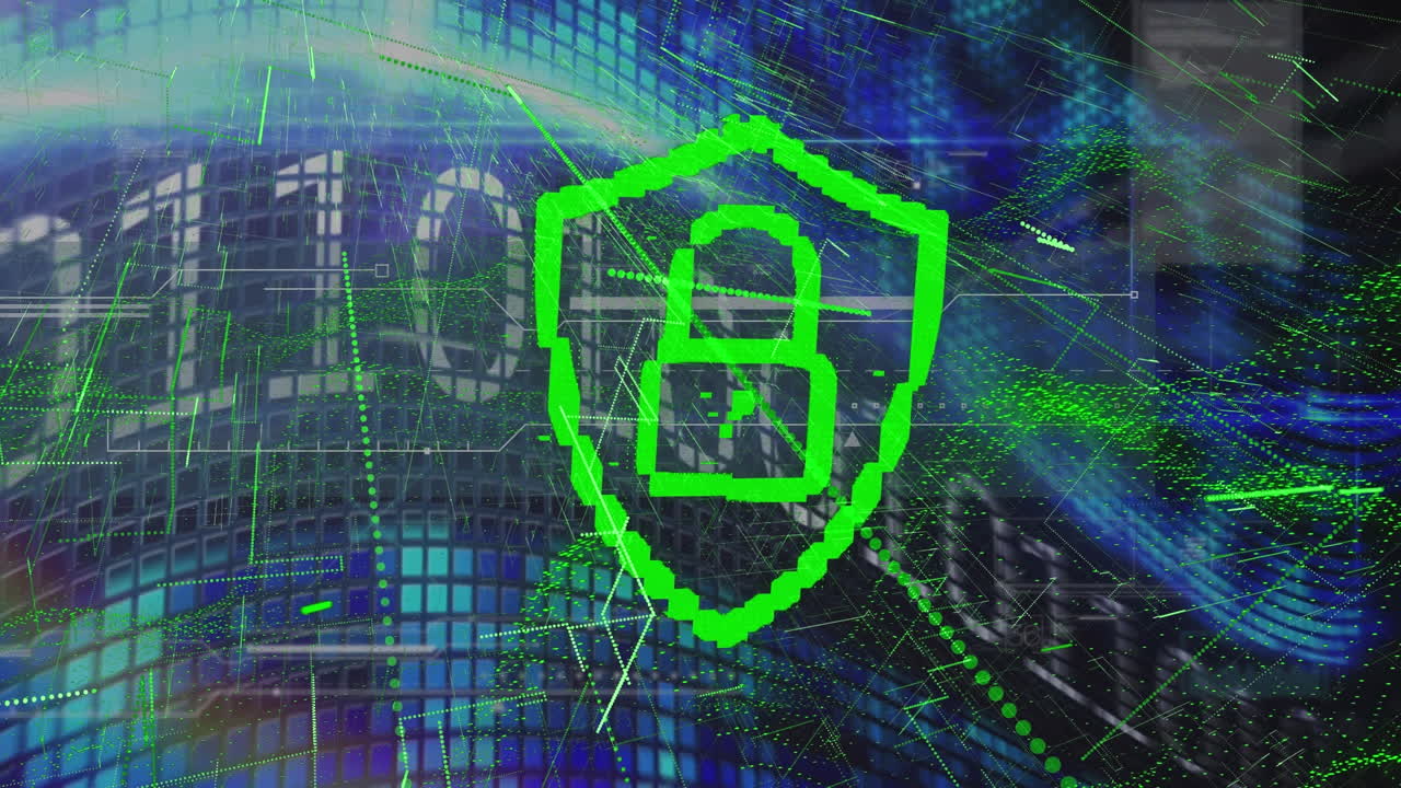 animación de candado digital y líneas verdes sobre código binario en exhibición
